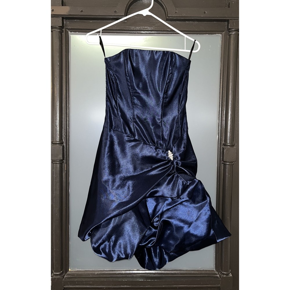 VTG  80s Jessica McClintock Satin Blue Strapless Bubble Mini Dress Sz 1 Formal